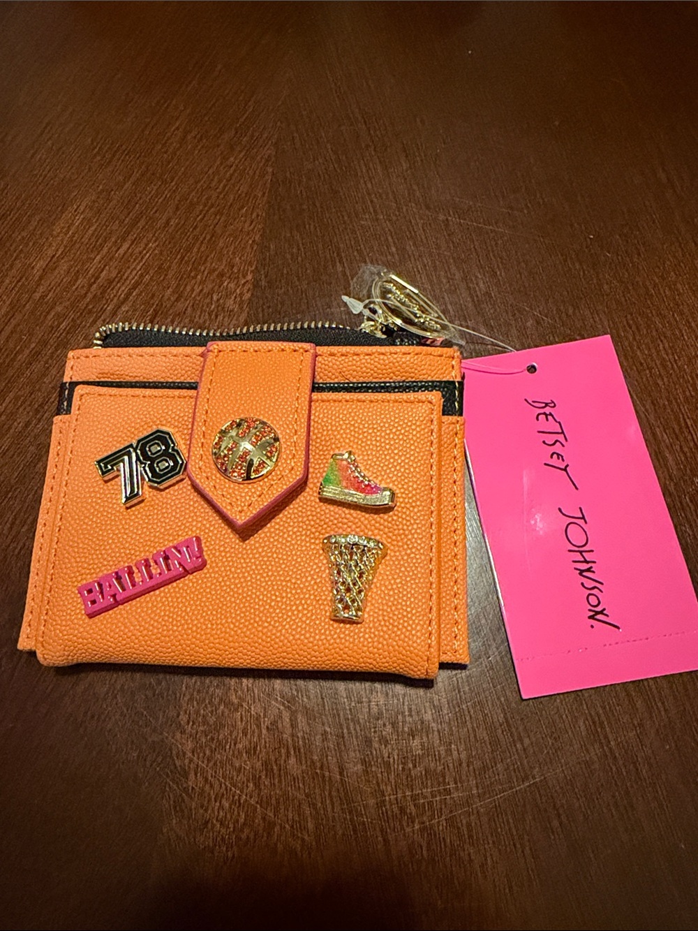 Betsey Johnson Orange BBall Wallet with Sporty Pin Charms